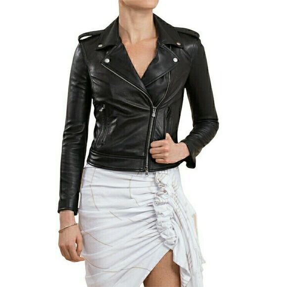 L'AGENCE black leather classic biker chain print moto jacket Size S NEW Sample - Picture 5 of 5
